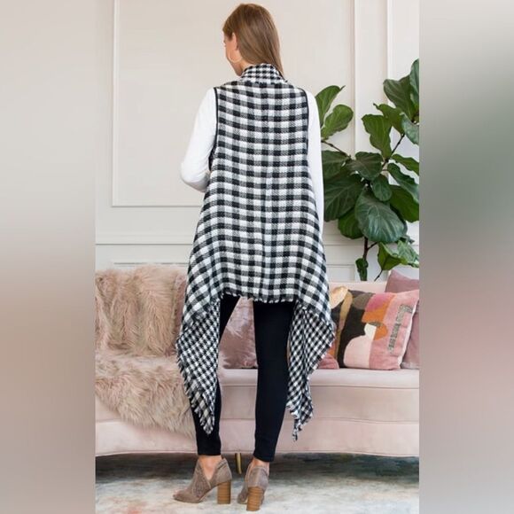 Styline BLACK WHITE REVERSIBLE PLAID VEST KIMONO One size - Picture 2 of 16